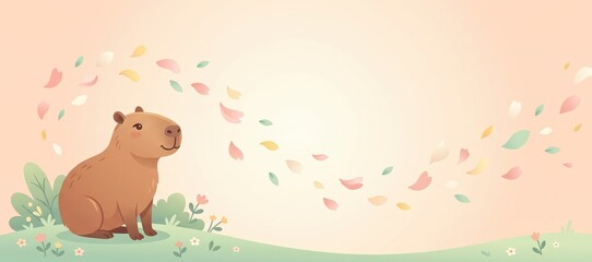 Fototapeta premium Capybara sitting on grass with floating pastel petals and cream gradient background