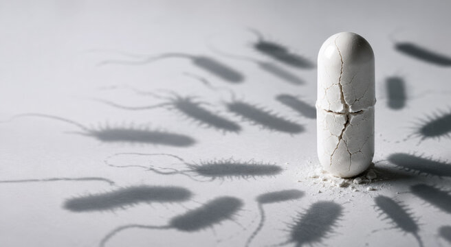 Cracked Antibiotic Pill Surrounded by Bacteria Shadows, Antimicrobial Resistance and Global Superbug Crisis Concept
