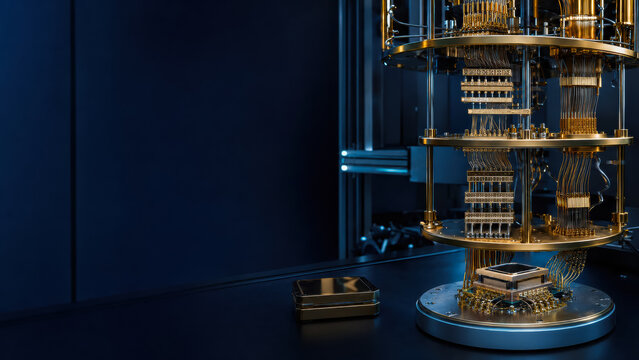 Quantum Computer with Cryogenic Processor in Research Laboratory, Future Computing, Cybersecurity and Technological Breakthrough Concept