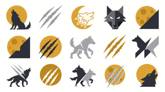 Set of wolf icons and logos featuring silhouettes of howling wolves moon shapes and sharp claw scratch marks isolated