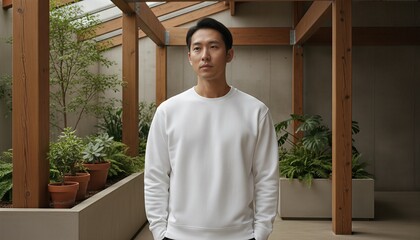 Fototapeta premium East Asian man wearing a blank white crewneck sweatshirt in a modern loft garden