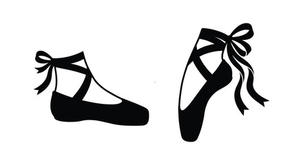 Pair of black ballet pointe shoes with ribbons depicted as a stark silhouette slippers dance footwear © Mama