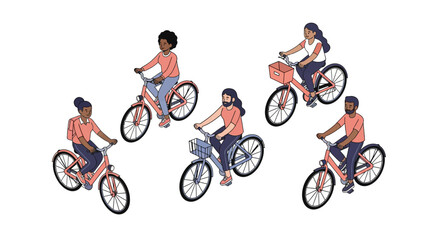 Naklejka premium Isometric Illustration of Diverse People Riding Bicycles