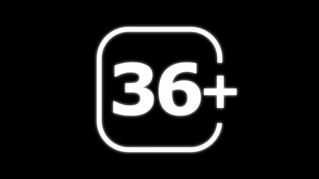 White number thirty six with a plus sign inside a rounded square frame on a solid black background for age restriction or rating labels