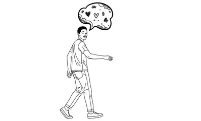 Obraz premium Hand drawn man walking with heart thought bubble, romantic daydreaming character vector, line art person in love hand drawing, doodles, outline