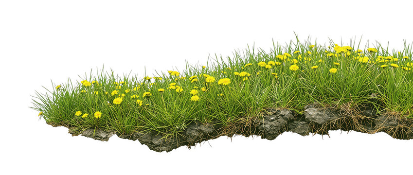  Close up section of earth showing lush green grass with yellow dandelion flowers growing from soil