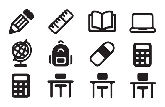 Set of black education icon vector symbols featuring school supplies and learning stationery items.