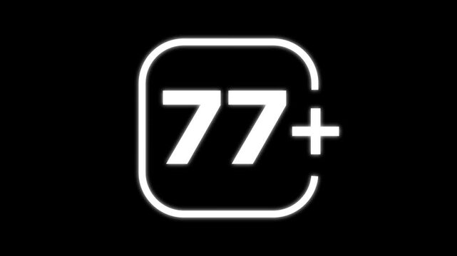 White number seventy seven with a plus sign inside a rounded square frame on a black background for age rating or classification systems