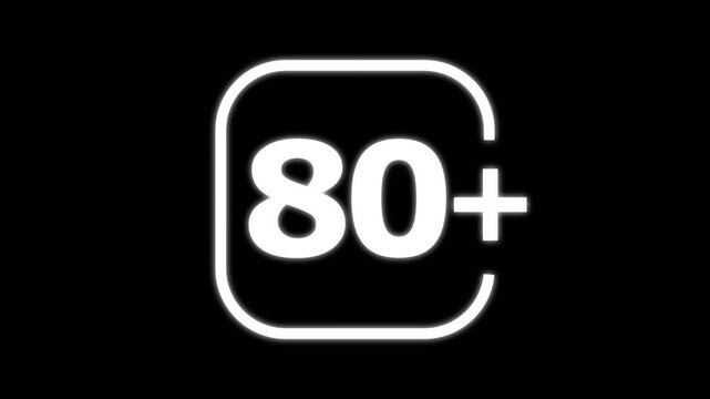 White number eighty with a plus sign inside a rounded square frame on a black background for age rating or classification systems