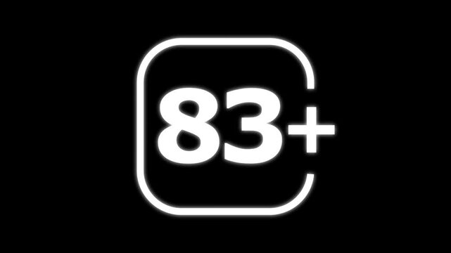 White number eighty three plus symbol inside a rounded square frame isolated on a black background for age restriction or rating