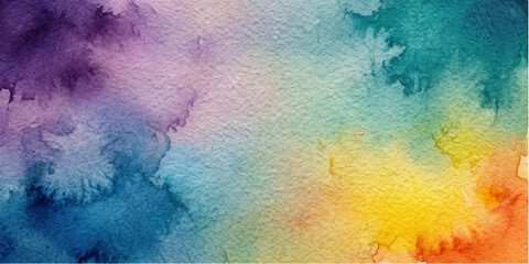 Fototapeta premium Vibrant watercolor splashes of purple, blue, green, yellow, and orange blend across a textured paper surface, creating a dynamic abstract background.