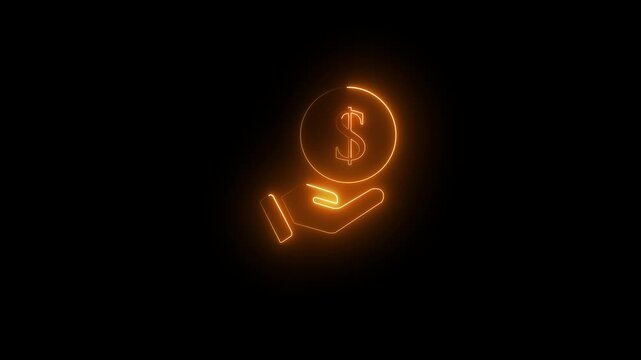 Red glowing dollar sign icon animation, neon finance symbol loop, digital payment hand gesture motion, futuristic money technology concept on dark background.