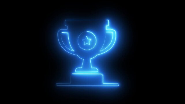 Glowing neon winner trophy icon animation, shining champion cup symbol for victory, success, and achievement on black background. 