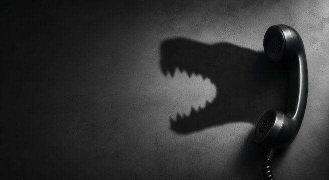 Telephone Handset Casting Predator Jaws Shadow, Scam Call, Social Engineering and Communication Threat Concept