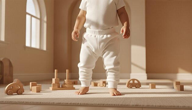 East Asian toddler wearing blank white sweatpants standing in a sunlit minimalist playroom