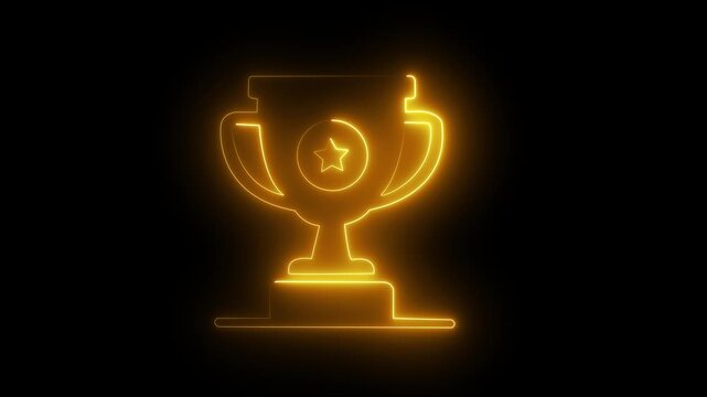 Glowing neon winner trophy icon animation, shining champion cup symbol for victory, success, and achievement on black background. 