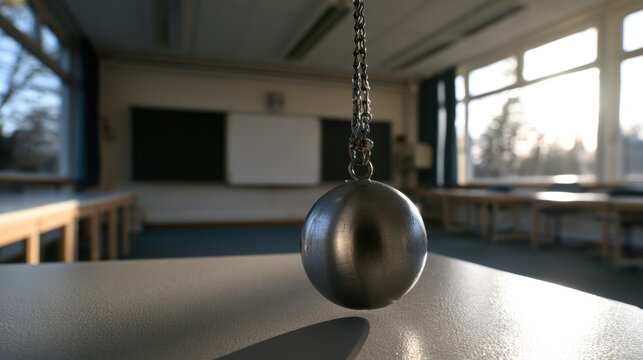 Metal pendulum suspended in a physics laboratory classroom