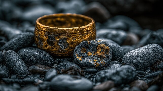 Ornate golden vessel rests among weathered river stones.