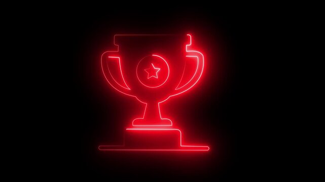 Glowing neon winner trophy icon animation, shining champion cup symbol for victory, success, and achievement on black background. 