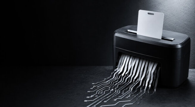 Ballot Paper Entering Digital Shredder, Electronic Voting Security, Election Integrity and Democracy Risk Concept