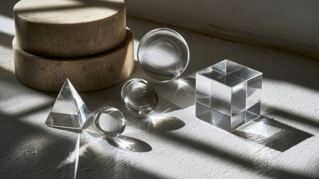 Glass prisms, spheres and optical cube illuminated by natural sunlight