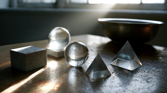 Optical physics demonstration with glass spheres and pyramids in daylight