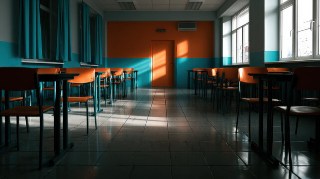Empty classroom prepared for physics final examination with dramatic sunlight