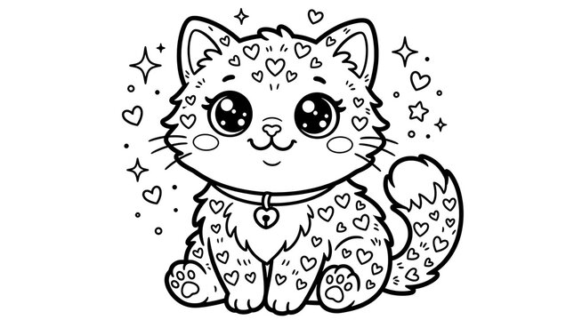 Cute Kitten Coloring Page with Heart Pattern Fur, Bow Tie, and Sparkles Line Art