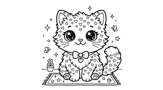 Cute Kitten Coloring Page with Heart Pattern Fur, Bow Tie, and Sparkles Line Art