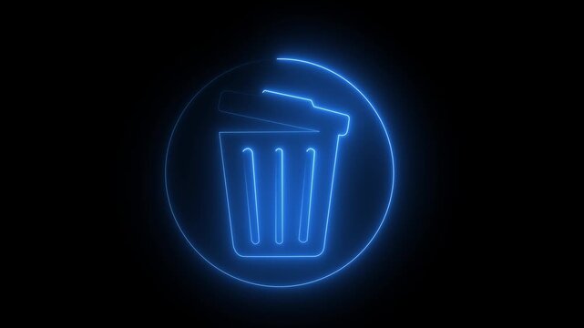 Neon glowing delete button icon animation on black background. Garbage bin symbol, recycle basket, and office trash icon design.