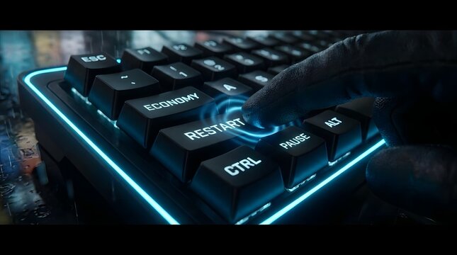 Gloved hand pressing restart key on illuminated keyboard