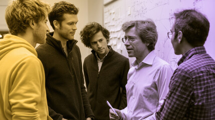 Obraz premium Physics research team discussing scientific ideas at whiteboard during collaborative meeting
