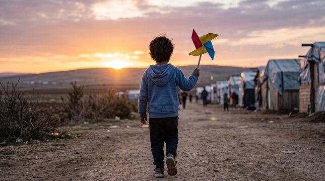 Refugee child holding a colorful pinwheel walking in a camp at sunset