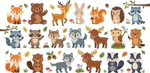 Fototapeta premium Cute forest animals vector collection in flat design style. Adorable wildlife cartoon set for children's books and eco-friendly branding.