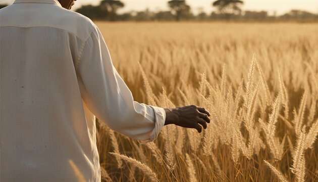 Elderly man walking through a golden sunlit meadow at sunset, hands gently touching wild grass in a serene natural landscape