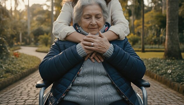 Elderly woman in a wheelchair receiving a warm embrace from a caregiver in a sun drenched botanical garden during a peaceful afternoon