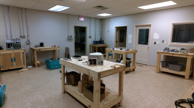Modern robotics workshop with wooden workbenches, engineering tools and prototype equipment in a makerspace laboratory