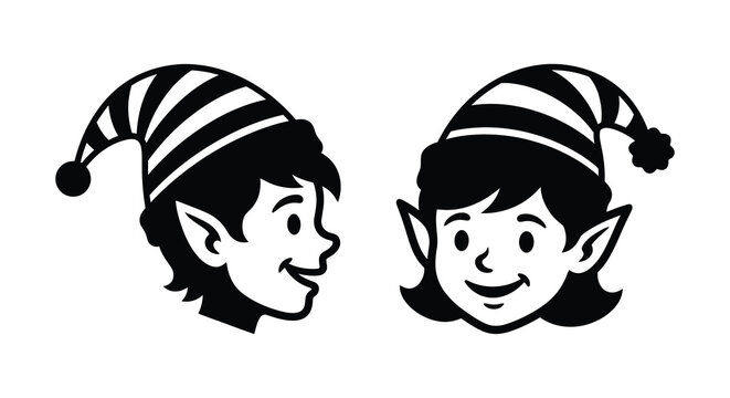Two elf head silhouettes with striped hats and pointed ears against a white background silhouette elves
