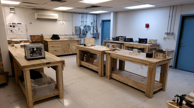 Modern robotics classroom with unfinished student projects on wooden workbenches in a makerspace laboratory