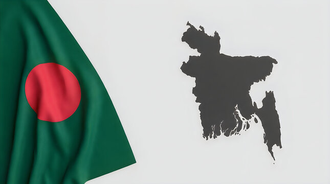 Bangladesh flag and map silhouette. National symbol with country border outline.