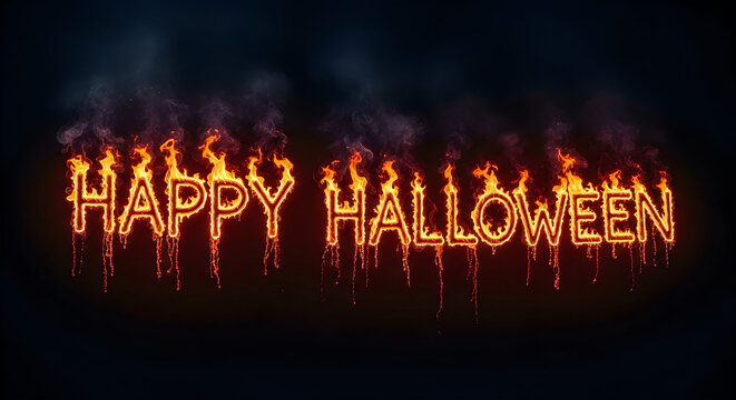 Fiery happy halloween text design with burning letters on dark background