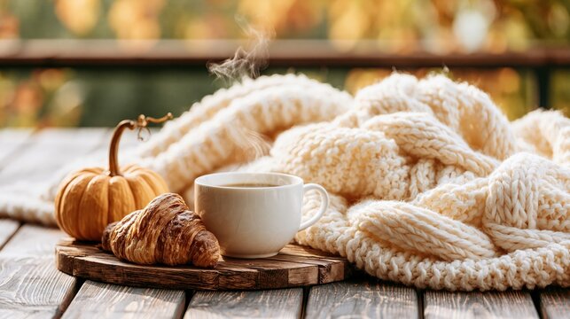 Steaming cup of coffee and croissant rests beside a small pumpkin on a wooden table with a cozy blanket.
