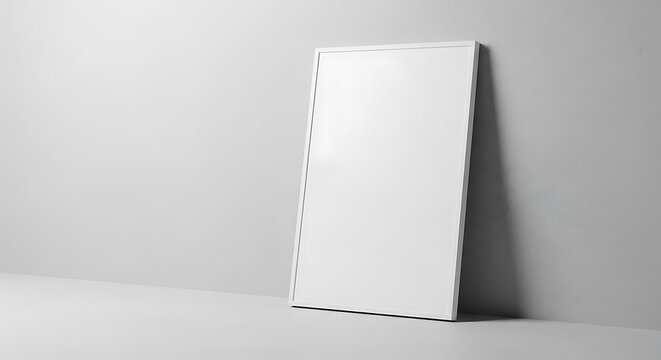 Blank white vertical poster frame mockup leaning against a grey wall