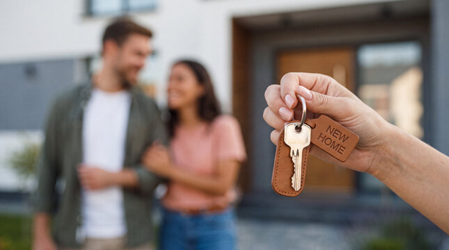 new key with a simple "NEW HOME", real estate agent handing keys to happy diverse couple buyers in front of modern house entrance. Mortgage, relocation and property purchase concept.
