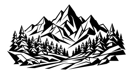 Obraz premium Geometric mountain landscape with pine forests, bold black-and-white polygonal shapes, abstract vector art in a Cubist style. Vector illustration.