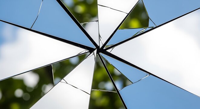 Broken mirror glass reflecting blue sky and green trees in outdoors