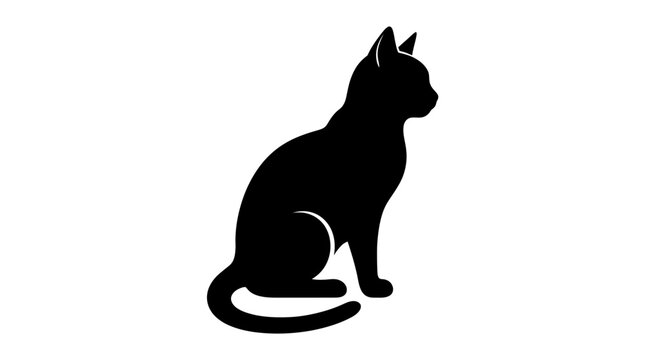 Black cat silhouette is shown sitting with its tail curled around its body, looking to the right on a plain white background.