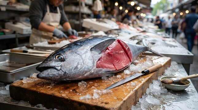 Freshly cut tuna rests on a wooden seafood counter surrounded by ice and market activity, showcasing the deep red flesh, impressive size and skilled preparation behind premium Japanese fish market cui