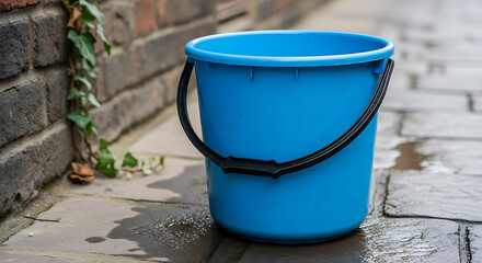 Naklejka premium Blue plastic bucket standing on outdoor stone steps.