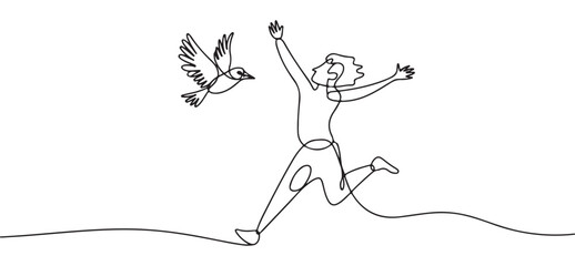 Fototapeta premium Person jumps with joy near a flying bird in this continuous line drawing.